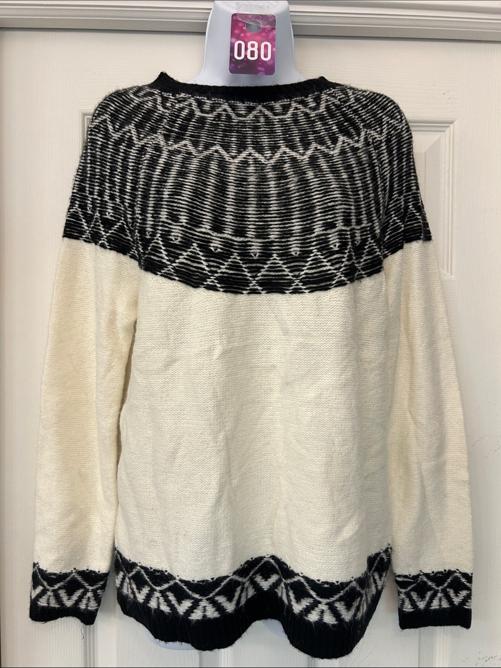 Talbots Ivory Sweater with Black Patterned Yoke